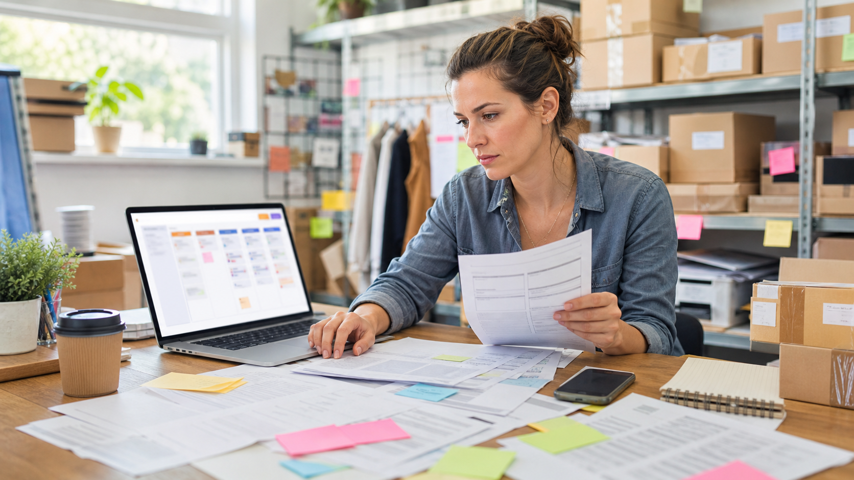 Small business owner organising messy admin paperwork and product orders into a clearer workflow