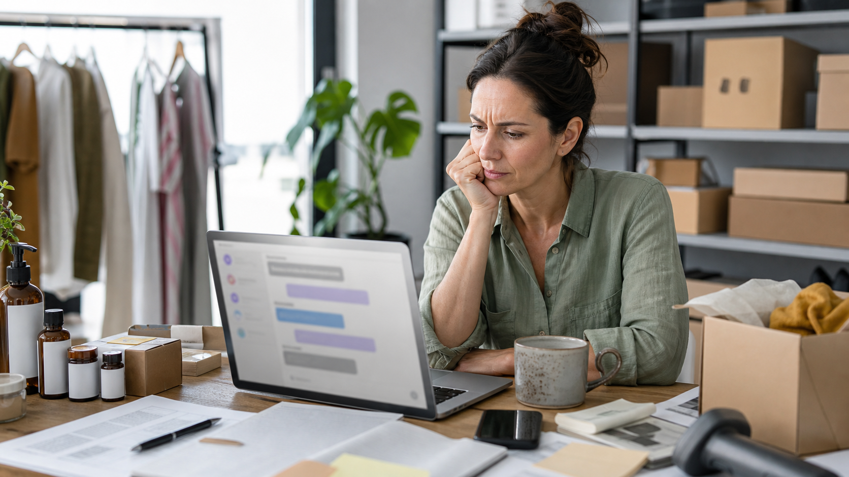 Small business owner looking confused while using an AI chat tool on a laptop surrounded by products and admin paperwork