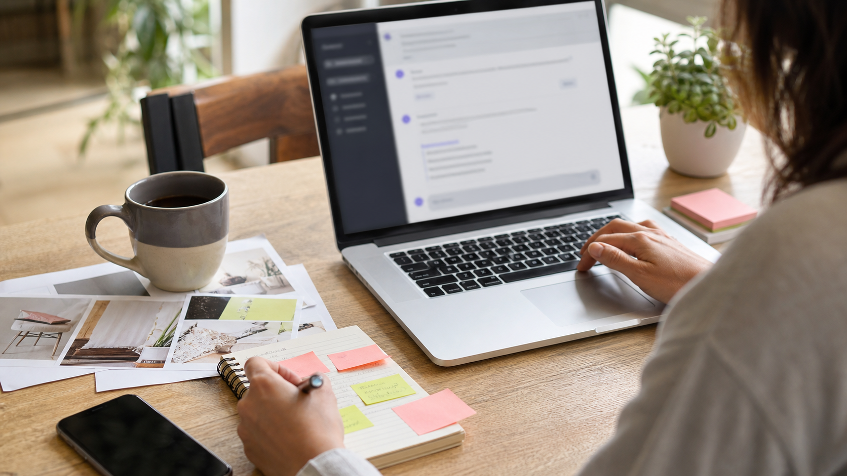 Business owner preparing customer notes and context before writing an AI prompt on a laptop